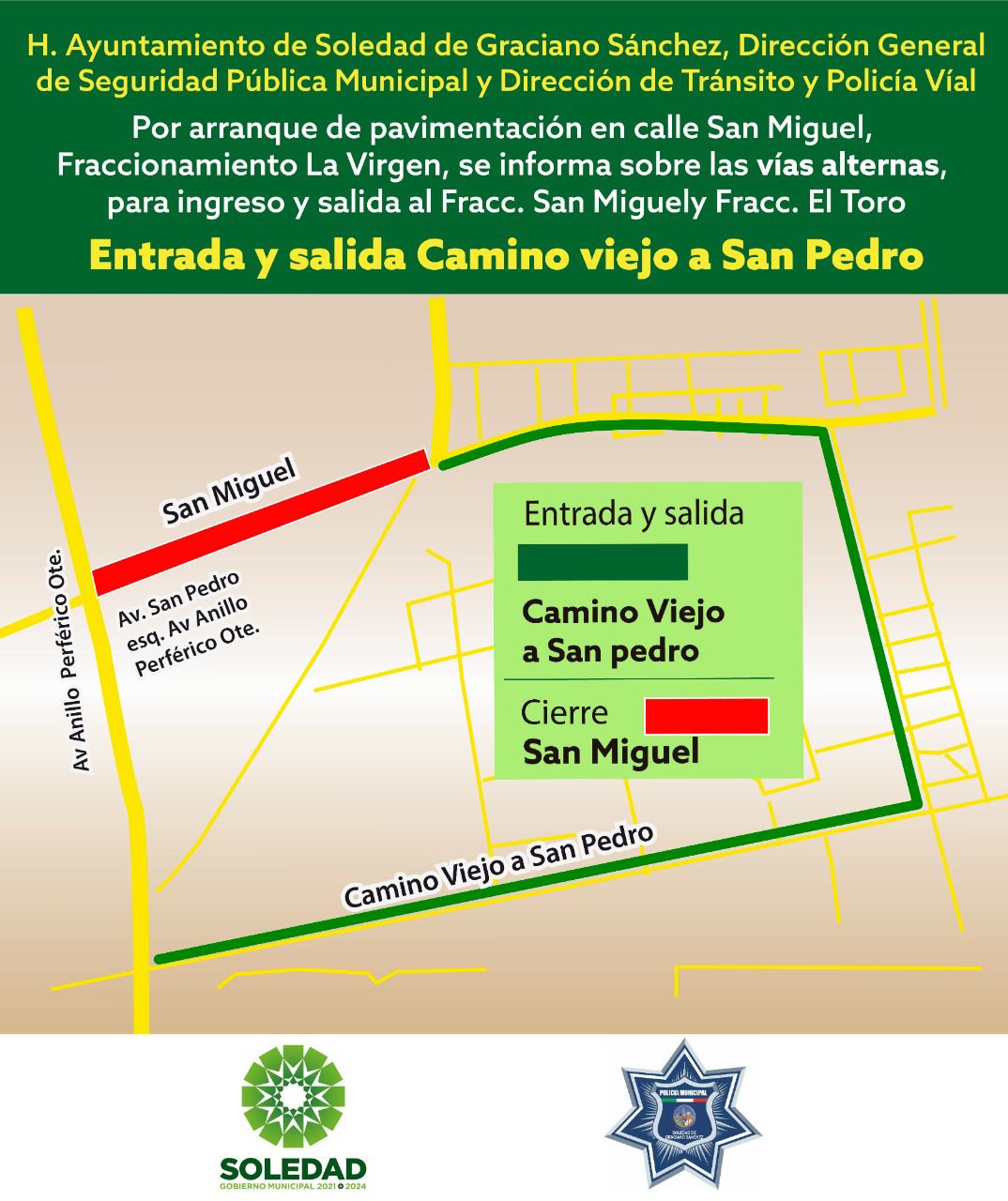 Debido a las obras de rehabilitación efectuadas en la avenida San Miguel, en la colonia La Virgen, se implementaran cierres parciales a la circulación.