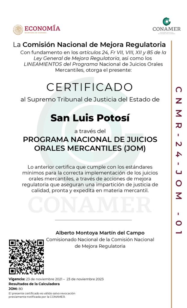 Presidenta del Poder Judicial, recibió de parte de la CONAMER la certificación del Programa Nacional de Juicios Orales Mercantiles (JOM).