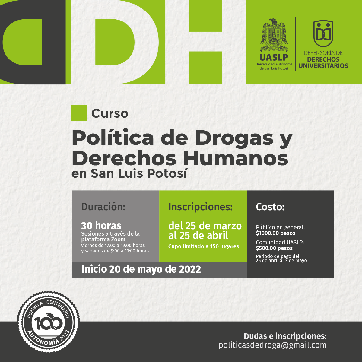 UASLP llevará cabo el curso “Política de Drogas y Derechos Humanos en SLP” del 20 de mayo al 24 junio de 2022