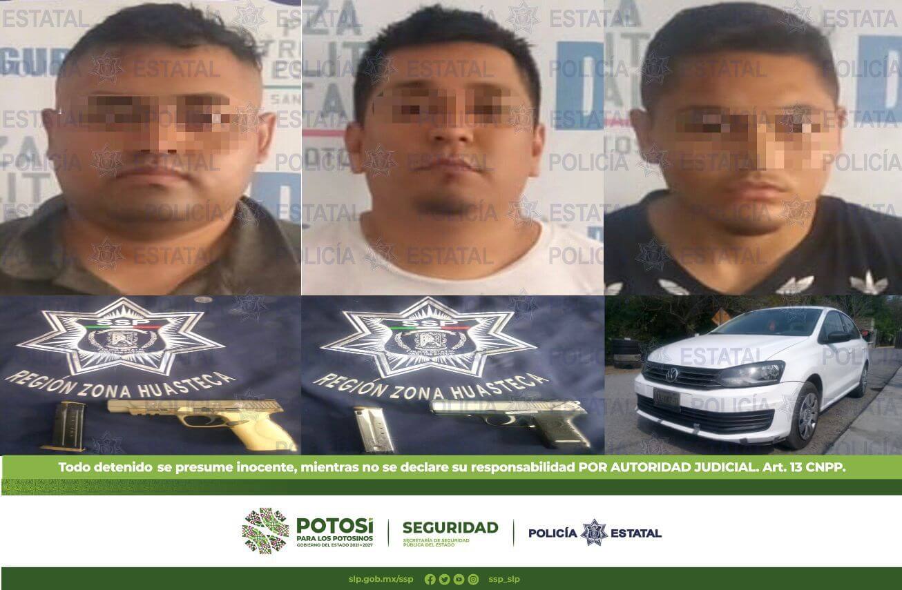 Fueron capturados por agentes de la Policía Estatal tres sujetos como presuntos responsables de los delitos de portación de arma de fuego