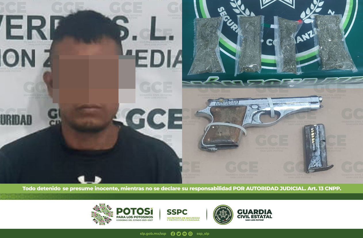 Detuvieron a dos presuntos objetivos criminales generadores de violencia en la Entidad potosina, tras asegurarles armas de fuego.