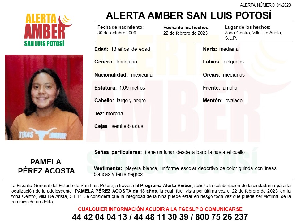 La Fiscalía activó una Alerta Amber para la localización de Pamela Pérez Acosta, de 13 años de edad, en el municipio de Villa de Arista.