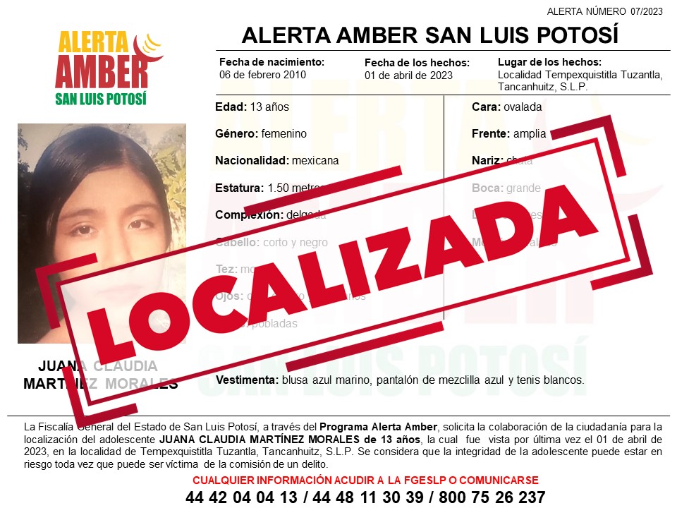 Fiscalía del estado ubicó a Juana Claudia Martínez Morales de 13 años de edad, quien contaba con una Alerta Amber