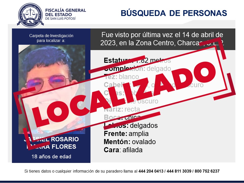 La Fiscalía General del Estado (FGE) informa que un joven, por el que se generó una ficha de búsqueda, ya fue localizado