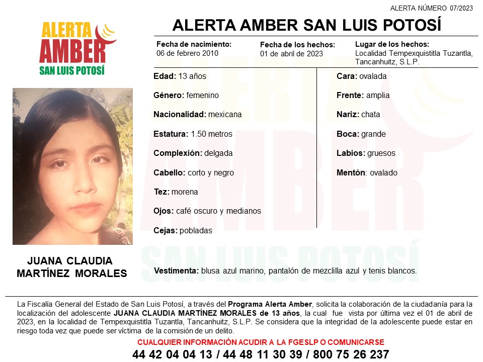 FISCALÍA ACTIVA ALERTA AMBER PARA ADOLESCENTE DE TANCANHUITZ