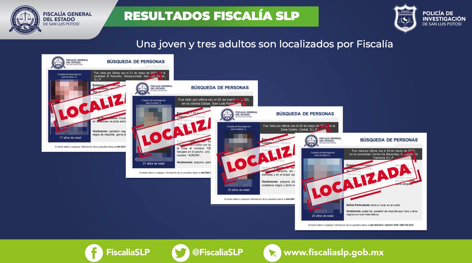 La Fiscalía General del Estado de San Luis Potosí localizó a una adolescente, una mujer, y dos hombres que eran buscados en la entidad.