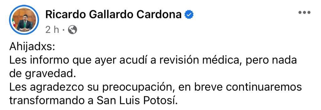 En sus redes sociales el gobernador reportó que su estado de salud no es de gravedad