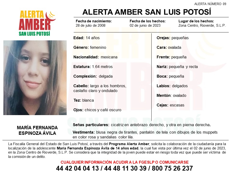 PARA LOCALIZAR A UNA ADOLESCENTE DE RIOVERDE, FISCALÍA POTOSINA ACTIVA FICHA DE ALERTA AMBER