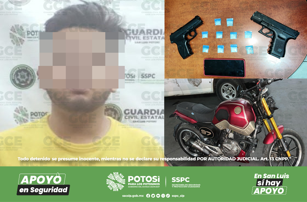 Al presunto se le aseguraron dosis de “cristal” y réplicas de arma de fuego; se ha identificado como sujeto activo dedicado al robo de vehículos de alta gama.