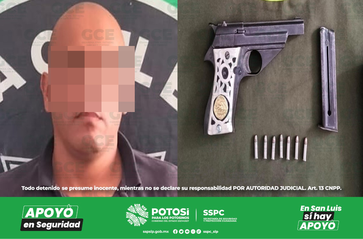 Guardia Civil Estatal lograron detener a un hombre en el municipio de Xilitla por llevar consigo un arma de fuego