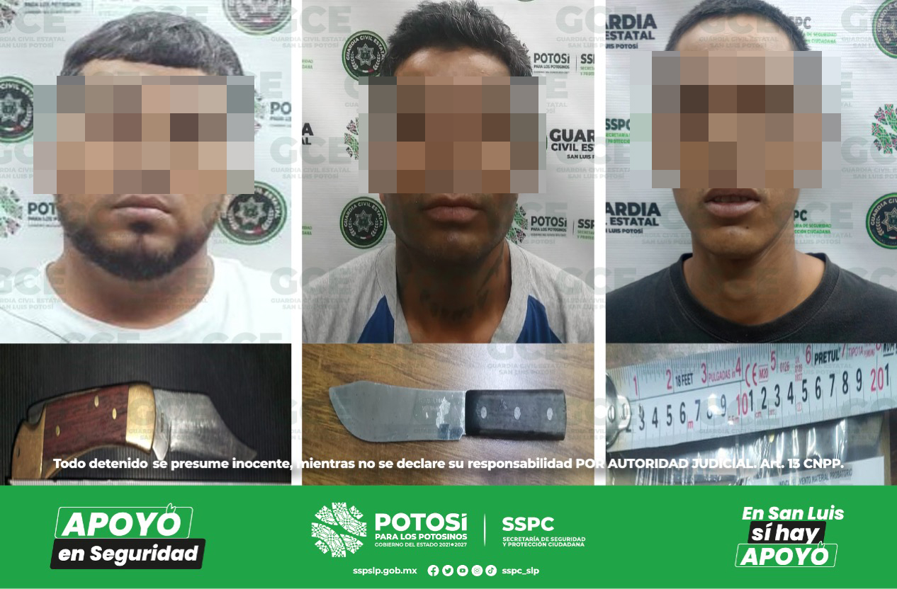 Policías de la GCE detuvieron a tres individuos, quienes fueron sorprendidos en presunta portación de armas punzocortantes.