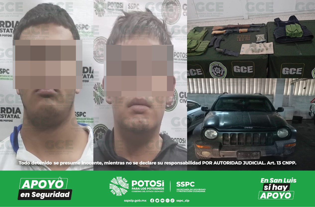 Agentes de la GCE acudieron al lugar de los hechos y detuvieron a dos presuntos criminales con armamento, equipo táctico y droga