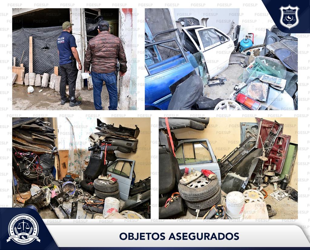 Se aseguran dos vehículos robados, dos carrocerías, autopartes, estéreos, asientos y más objetos automotrices