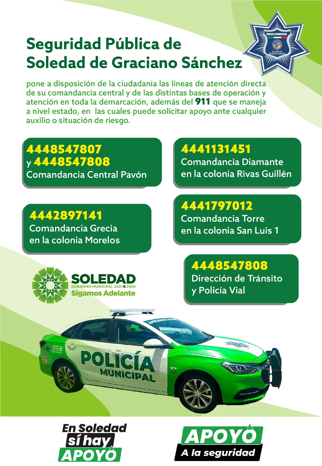 SEGURIDAD PÚBLICA DE SOLEDAD EXHORTA A DENUNCIAR ILÍCITOS EN LÍNEAS DIRECTAS DE LA CORPORACIÓN