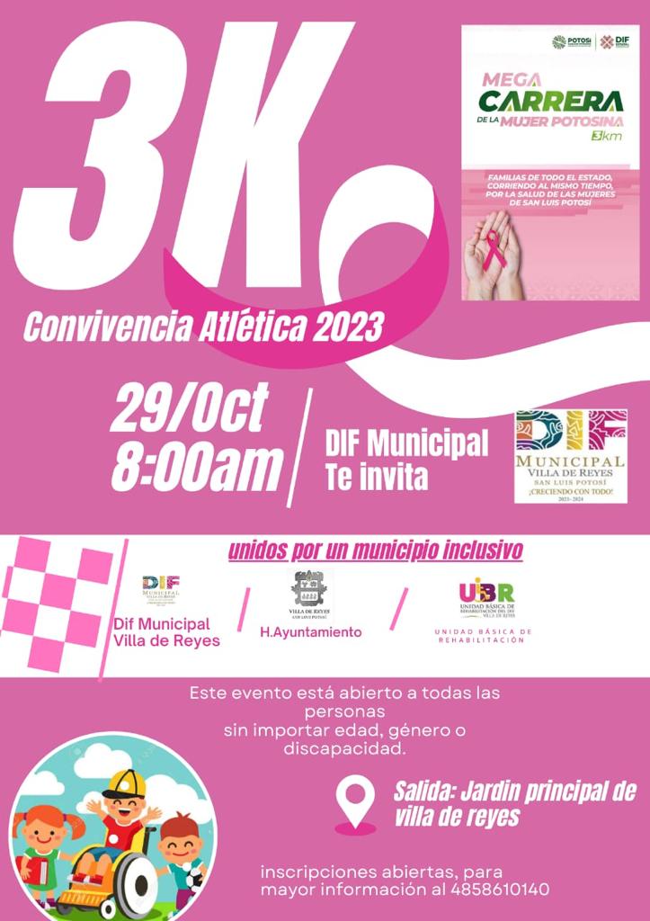 SMDIF de Villa de Reyes invita a la población en general a participar en la carrera atlética por la mujer de 3km,