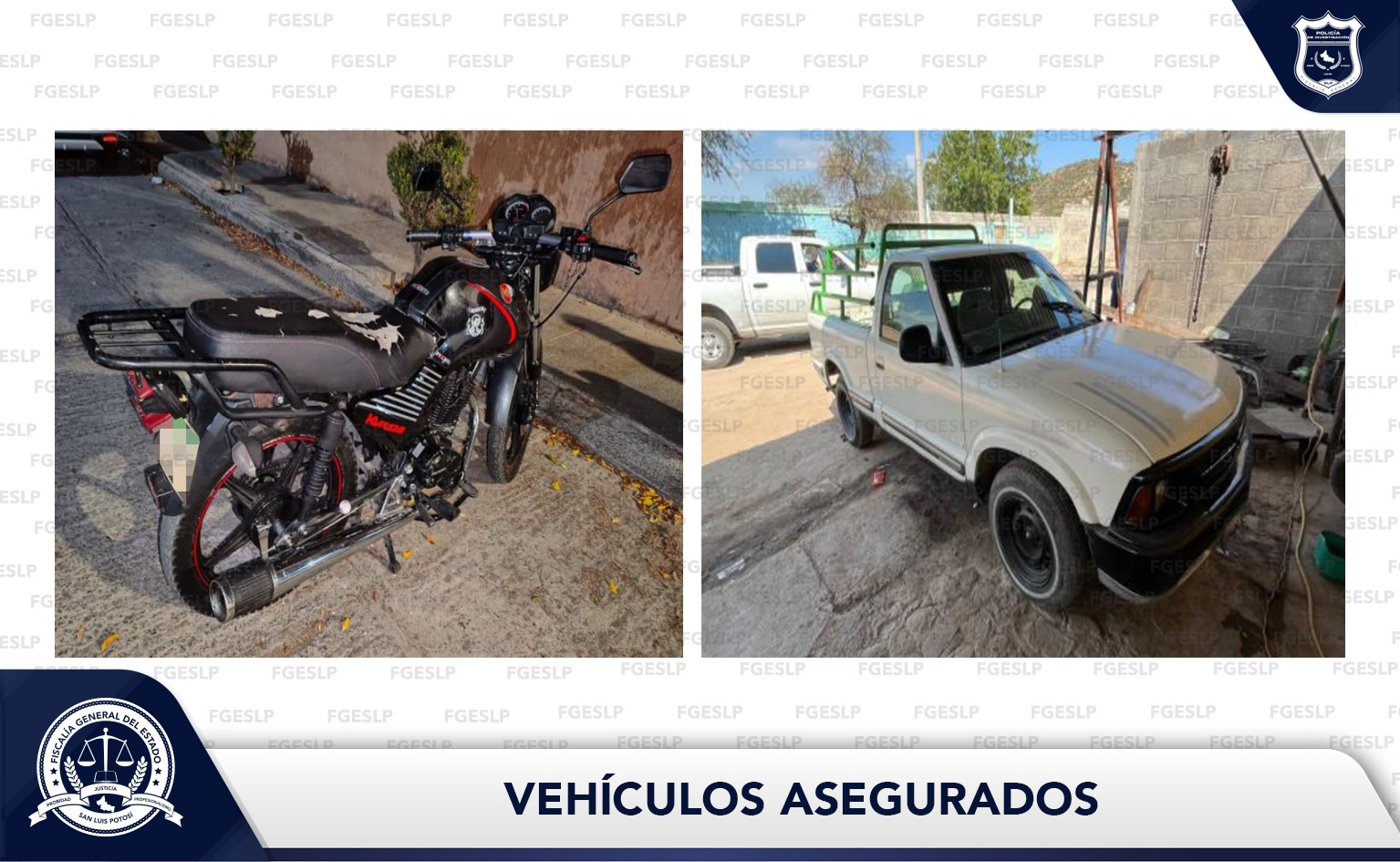 Agentes investigadores de la Unidad de Robo de Vehículos aseguraron una moto y un automóvil en territorio potosino, así lo informó la Fiscalía