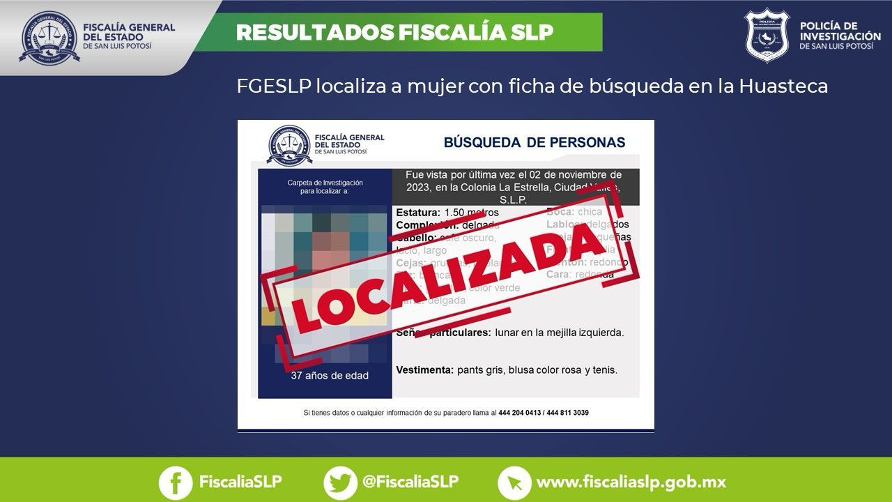 Como parte de las acciones realizadas por la PDI, se ubicó a Adriana, una mujer de 37 años, quien estaba siendo buscada en Ciudad Valles.