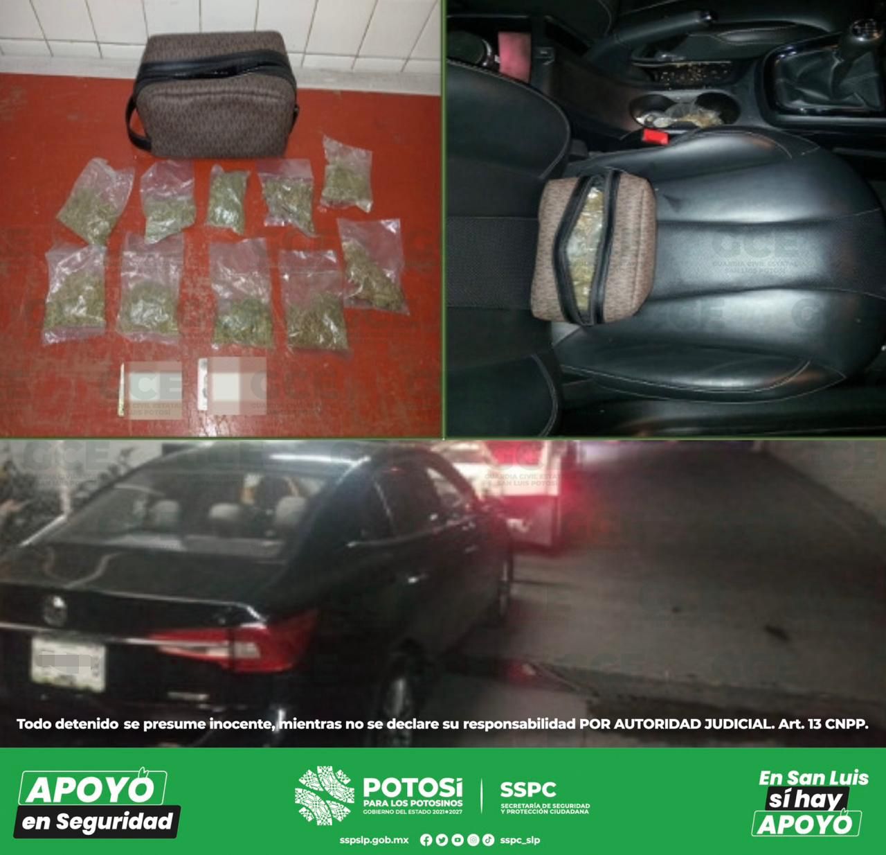 Al acercarse a verificar la unidad, se constató de que al interior, se encontraba una “cangurera” con 10 bolsas de marihuana