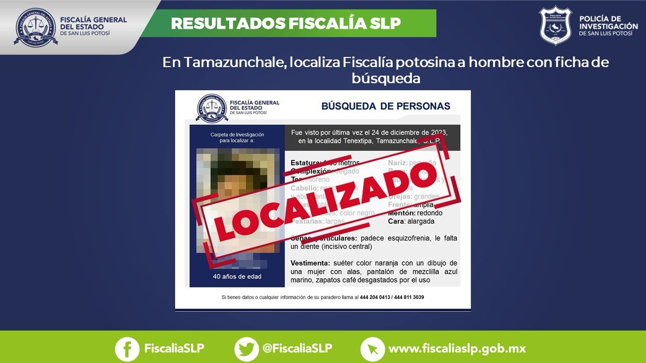 Alfredo, un adulto de 40 años que era buscado en Tamazunchale, fue localizado luego de implementar el protocolo homologado de búsqueda