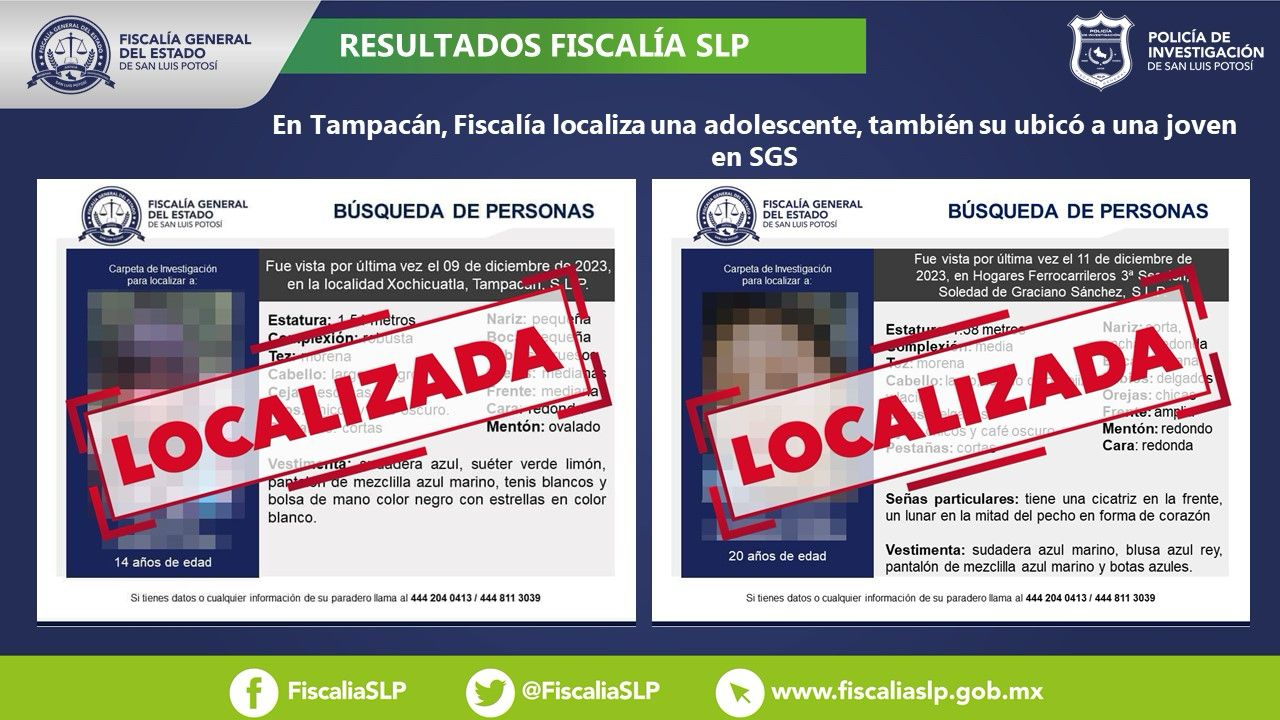 De igual manera, se dio con el paradero de una mujer con reporte de no localización en Soledad de Graciano Sánchez