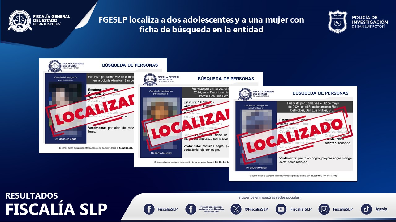 Fiscalía estatal localiza a tres personas que contaban con ficha de búsqueda en SLP