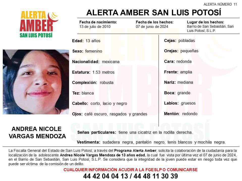 FGESLP activa alerta amber para localizar a una adolescente de 13 años en la capital potosina