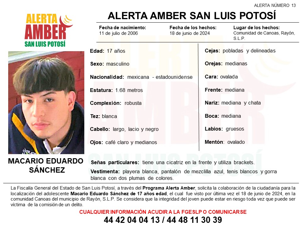 Fiscalía estatal activa alerta amber para localizar a joven de 17 años en Rayón