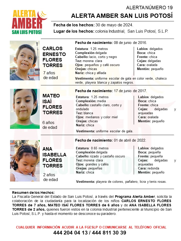 Fiscalía de SLP activa alerta amber para localizar a dos niños y una niña