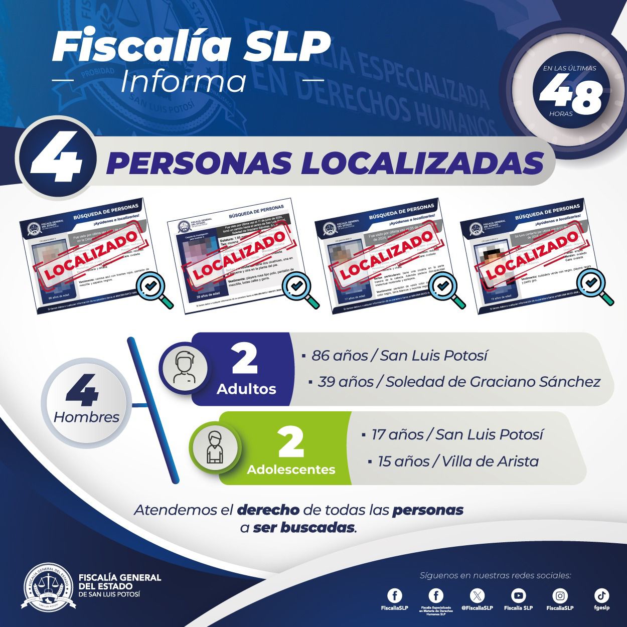 FGESLP informa localización de cuatro personas con ficha de búsqueda