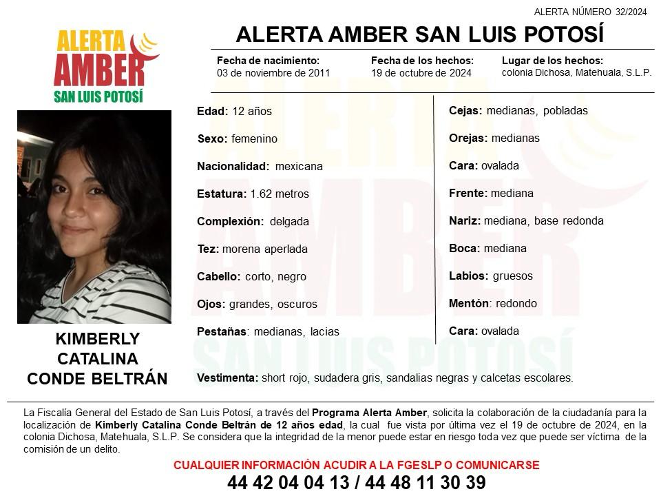 Fiscalía estatal activa alerta amber para localizar a menor en Matehuala, SLP