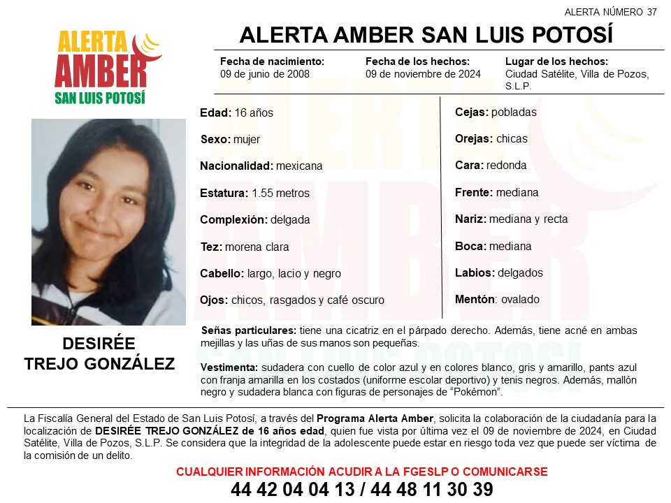 FGESLP activa protocolo de alerta amber para localizar a adolescente en Villa de Pozos