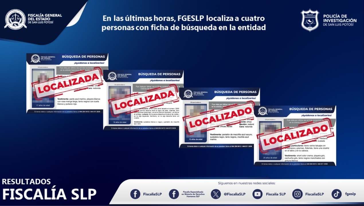 FGESLP informa la localización de cuatro personas con ficha de búsqueda en territorio potosino