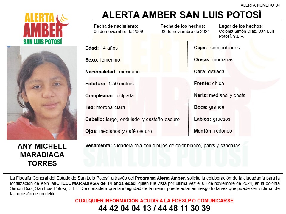 Fiscalía estatal activa alerta amber para localizar a adolescente de 14 años en SLP