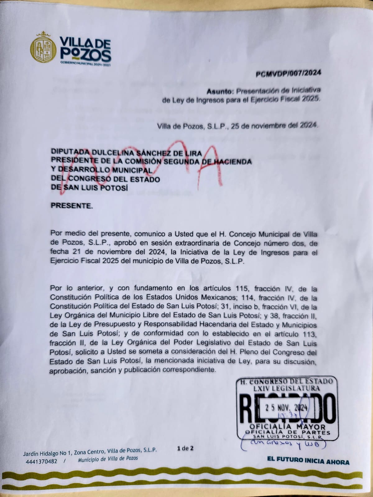 Entrega Villa de Pozos a congreso del estado ley de ingresos 2025