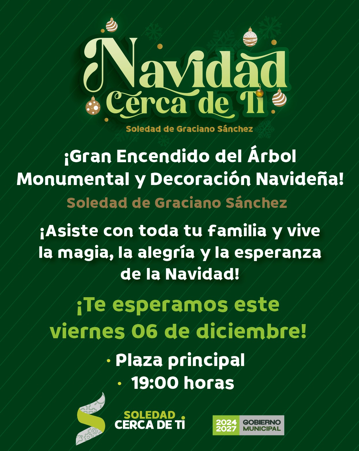 Ayuntamiento de Soledad invitan hoy al gran encendido navideño en la plaza principal