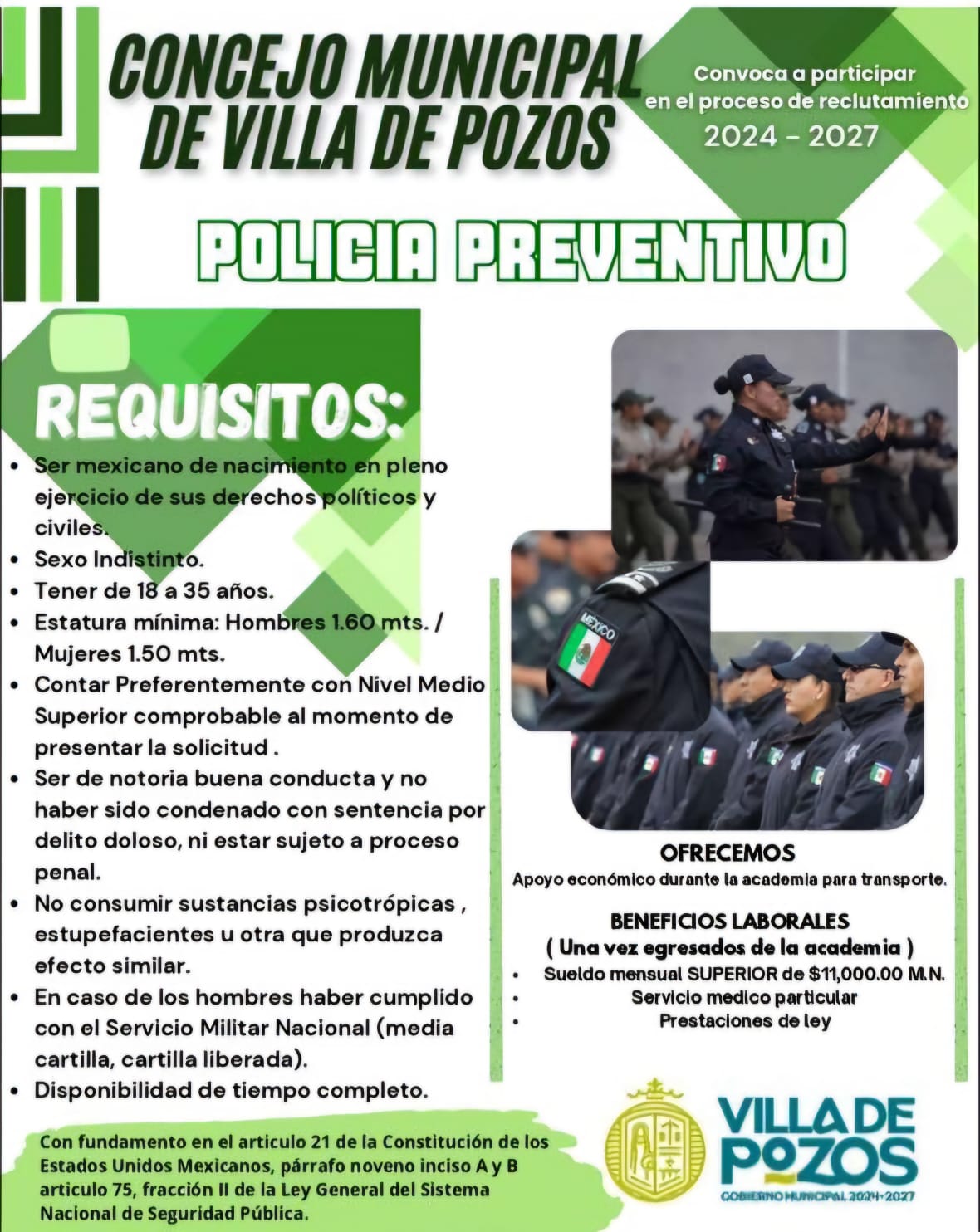 Abierta convocatoria para policía preventivo en Villa de Pozos