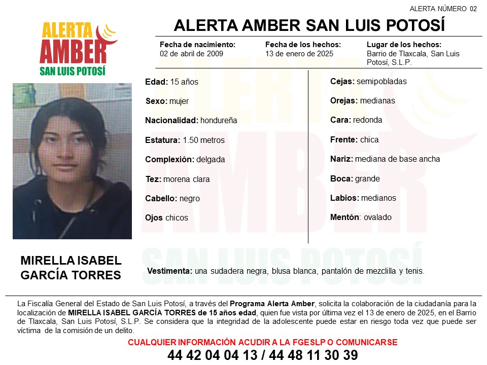 Fiscalía estatal activa alerta amber para localizar a adolescente de 15 años en SLP