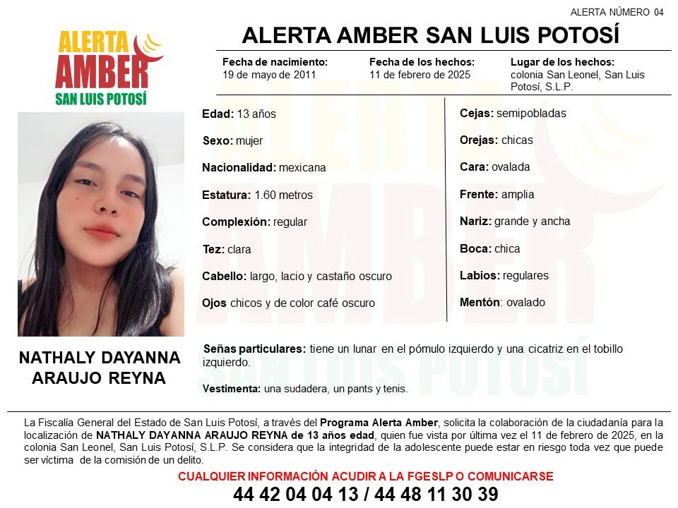 FGESLP activa alerta amber para localizar a Nathaly Dayanna