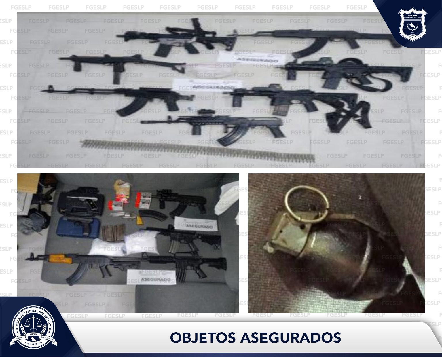 Policía de fiscalía potosina asegura 14 armas, droga y vehículos en la colonia 21 de marzo